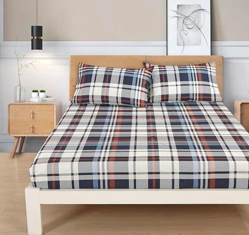 Chezmoi Collection 3-Piece Lodge Plaid Sheet Set Twin Size - Blue Orange White Herringbone Plaid Stripe Printed Brushed Microfiber Lightweight Breathable Deep Pocket Bed Sheets