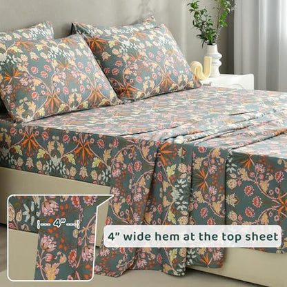 QSH Egyptian Cotton Floral Bed Sheets Queen Size,Luxury Silk Feel Paisley Botanical Pattern Printed Floral Sheets Sets Queen Extra Soft and Breathable 4pcs Deep Pockets Elegant Bedding Sheets