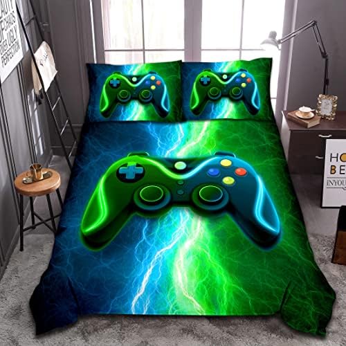 Meeting Story Gamer Gaming Bedding Sets Red Blue Lightnings Gamepad Comforter Set for Boys Games Console Action Buttons Novelty Colorful Modern Room Decor Home Quilt Set (Blue-Green, Twin)