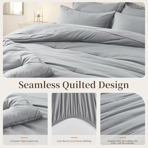 California King Size Comforter Set 7 Pieces - Soft Bed in a Bag King Bed Set, Cozy Luxury Bedding Sets with All Season Comforter, Flat Sheet, Fitted Sheet, 2 Pillowcases & 2 Shams, Light Gray