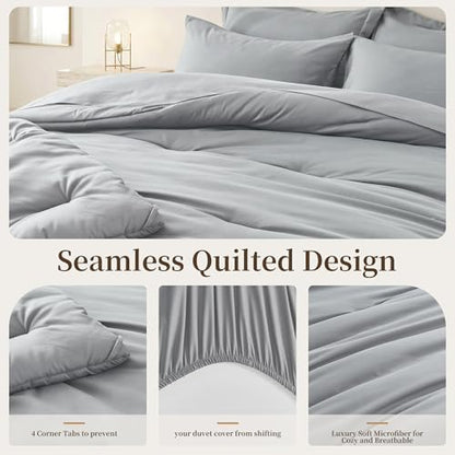 California King Size Comforter Set 7 Pieces - Soft Bed in a Bag King Bed Set, Cozy Luxury Bedding Sets with All Season Comforter, Flat Sheet, Fitted Sheet, 2 Pillowcases & 2 Shams, Light Gray