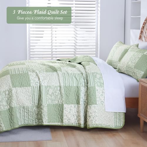 Mybedsoul Boho Quilt King Size, Patchwork Floral Bedding Set, Light Green