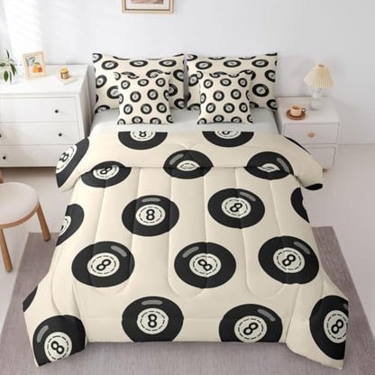 Fashion Lucky 8 Ball Comforter Set Full Size 7 Piece Bedding Set For Girls Room Decor,Y2K Trendy Lucky 8 Ball Down Bed In A Bag For Kids Teen Adults,Funky Aesthetic Preppy Bed Set,Beige Black