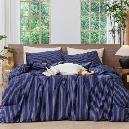MooMee Striped Duvet Cover Set 100% Washed Cotton Linen Like King