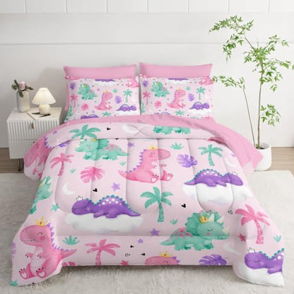 HOSIMA 7Pcs Cute Crown Dinosaur Bedding Set Twin for Girls Bedroom Decor.