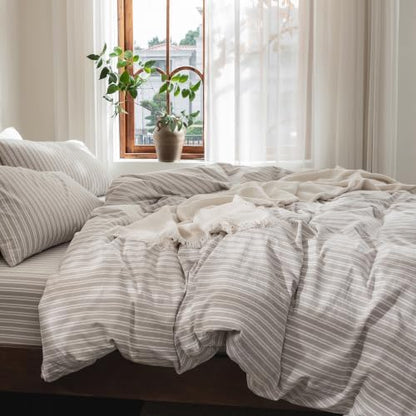 FOSSA Striped Duvet Cover Set 100% Washed Cotton Linen Feel Queen