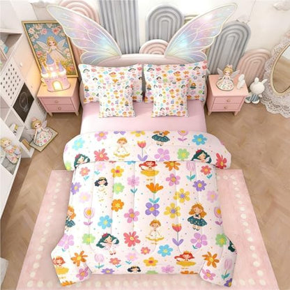 Erosebridal Cute Floral Bed in a Bag King Size Comforter Set 7-Piece | Kids Cartoon Fairy Princess Bedding Sets Rustic Flowers Comforter and Sheet Set, Kawaii Elf Room Decor,Pink