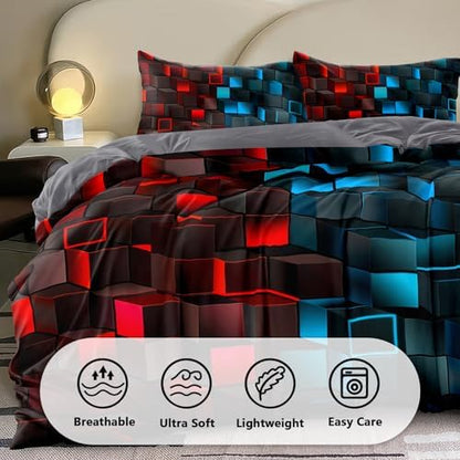 6 Piece Bed in a Bag 3D Block Comforter Set Twin Size Red Light Blue Gaming Block Bedding Set for Boys Girls Kids Teens Bedroom Decorative Twin10