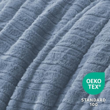 BEDELITE Faux Fur Queen Comforter Set, Fluffy Bed Set, Blue Fog