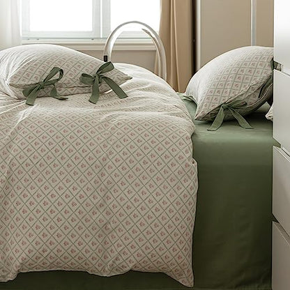 VM VOUGEMARKET Red Flower Duvet Cover Full,100% Cotton Bedding Set,Green Plaid Grid Comforter Cover with Zipper Closure,80x90 Inch
