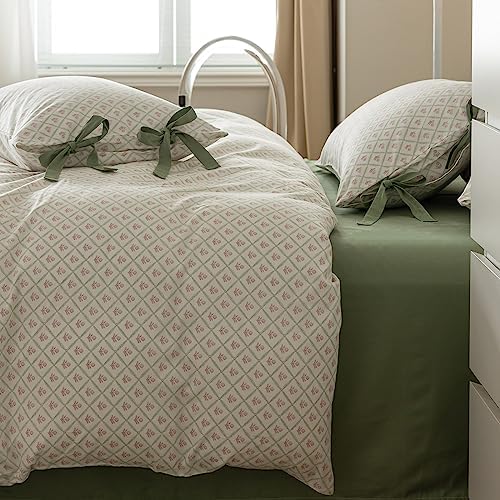LifeTB Full Comforter Set Pink Flower Comforter with 2 Bowknot Pillowcases Chic Plaid Grid Prints Floral Bedding Comforter Boho Farmhouse Bedding Set French Country Style Botanical Comforter Set