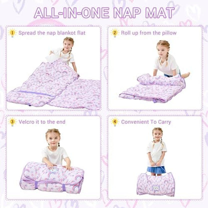 Lasoftan Toddler Nap Mat with Pillow and Blanket, Extra Large Rolled Napping Mats,Slumber Bags for Boys Girls,Kids Sleeping Bag for Daycare, Preschool Travel Camping