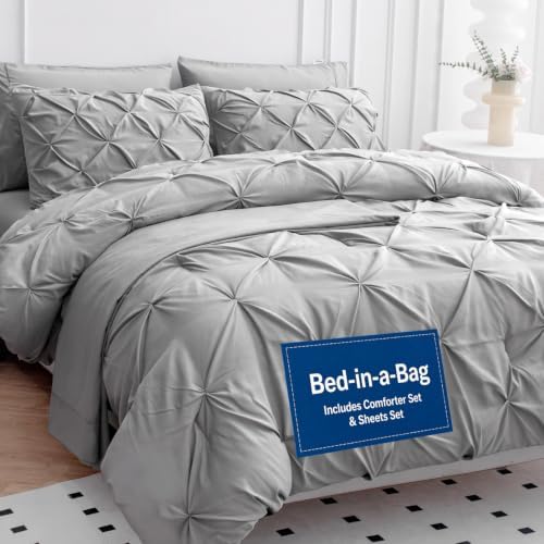 LANE LINEN 7 Piece King Comforter Set Microfiber Down Alternative - Silver