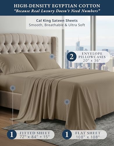 LANE LINEN Cal King Sheet Set 100% Egyptian Cotton Sateen - Taupe Swiss Dot