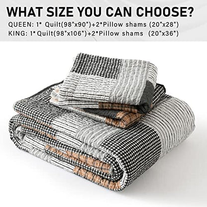 PERHOM Quilt Queen Size - 100% Cotton Lightweight Bedspread - Gray Brown Black White Plaid Patchwork Soft Reversible Quilt Queen Size for Bed Set All Season, 3 Pieces