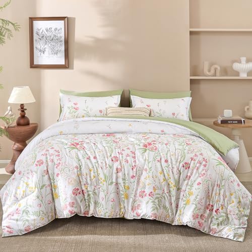 7 Piece Sage Green Floral Comforter Set Queen Size Bed in a Bag Cottagecore