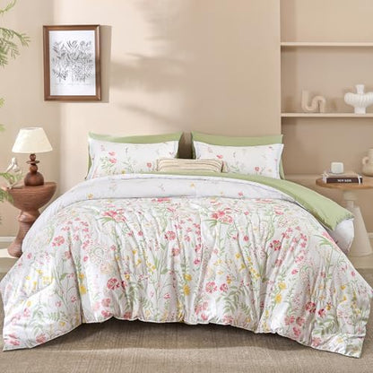 7 Piece Sage Green Floral Comforter Set Queen Size Bed in a Bag Cottagecore