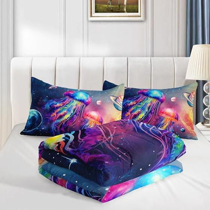 Glowing Jellyfish Comforter Set Queen Size with 2 Pillowcases.