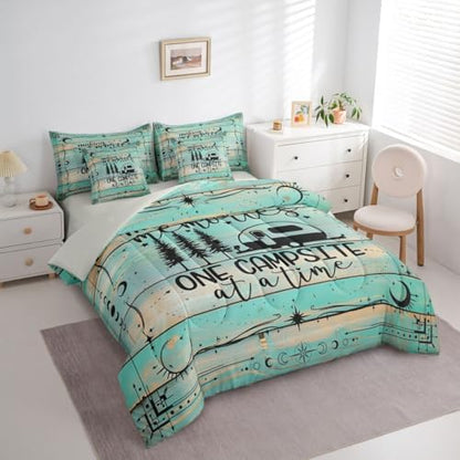 Erosebridal 7 Pieces Rv Camper Bed Set King Happy Camping Comforter and Sheets - Country Rustic Farmhouse Bed in A Bag for Kids Teens Adult,Vintage Wooden Barn Door Comforter Green Bedding Sheet Set