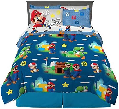 Franco Super Mario Bros. Kids Bedding Super Soft Comforter and Sheet Set with Sham, 7 Piece Queen Size, (Official Licensed Product)