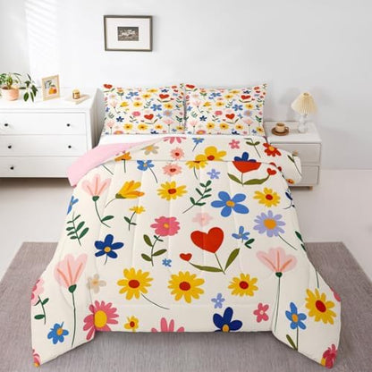 jejeloiu Cute Flower Comforter Set Full Size Floral Botanical Pattern Bedding Set for Kids Boys Girls Kawaii Duvet Quilt Blossom Flowers Pattern Bedroom Decor Microfiber 3 Pcs with 2 Pillow Cases