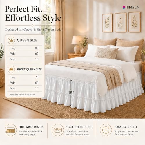 White Pieced Ruffle Bed Skirt Queen 18" Drop, Elastic Bedskirt