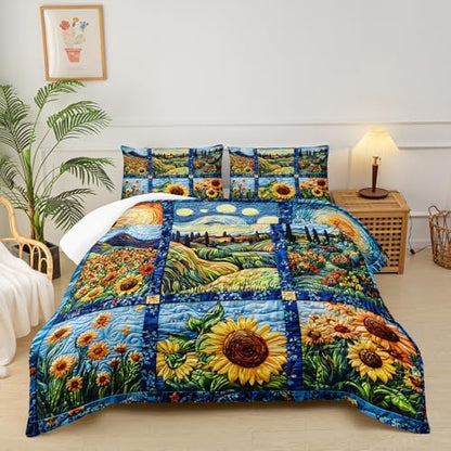 Yellow Sunflower Queen Size Comforter Set，Bedding Queen Size Quilts Sunflower，Rustic Farmhouse Bedroom Set Bedding Set，with 1 Comforter with 2 Pillow Case