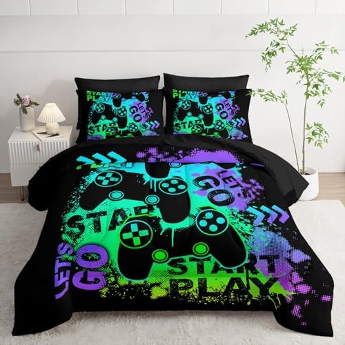 7Pcs Gamer Comforter Set Green Gamepad Printed Bedding Set with 1 Comforter, 1 Flat Sheet, 1 Fitted Sheet and 4 Pillowcases for Boys and Girls Bedroom (Gamepad-2 Full