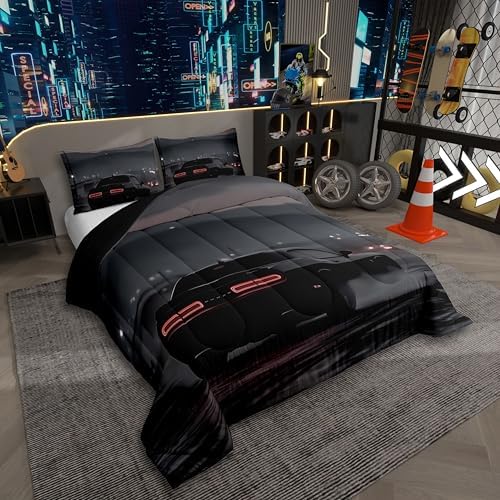 Erosebridal Cool Racing Car Comforter for Kids Boys Girls,Boys Speed Car Toddler Bedding Set,Extreme Sports Duvet Insert,Black Race Cars Quilt Bedroom Decor