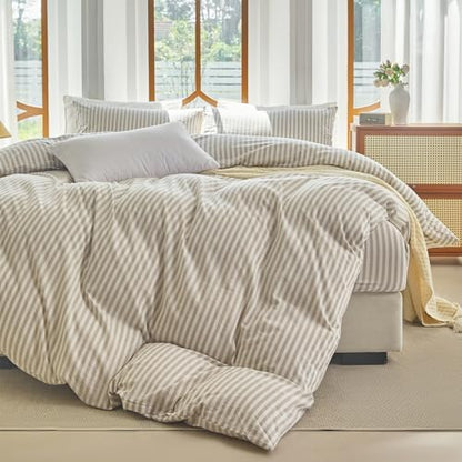 Striped Duvet Cover Set Queen Size 3 Pcs 100% Washed Cotton Linen Like Textured Natural Wrinkle Comfy Breathable (Queen, Classic Stripe-Linen Grey/White)