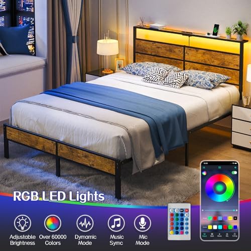 Liians Full Size Bed Frame, Full Bed with Charging Station Headboard and LED Lights, Platform Bed with Metal Slats, No Box Spring Needed, Noise Free, Easy Assembly