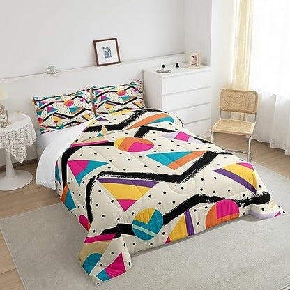 Manfei Memphis Comforter Set Full Size, Retro 80s or 90s Fashion Style Bedding Set 3pcs for Kids Boys Girls, Geometric Triangle Circle Quilt Set Soft Polyester Duvet Set with 2 Pillowcases
