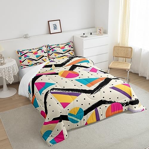 Manfei Memphis Comforter Set Twin Size, Retro 80s or 90s Fashion Style Bedding Set 2pcs for Kids Boys Girls, Geometric Triangle Circle Quilt Set Soft Polyester Duvet Set with 1 Pillowcase