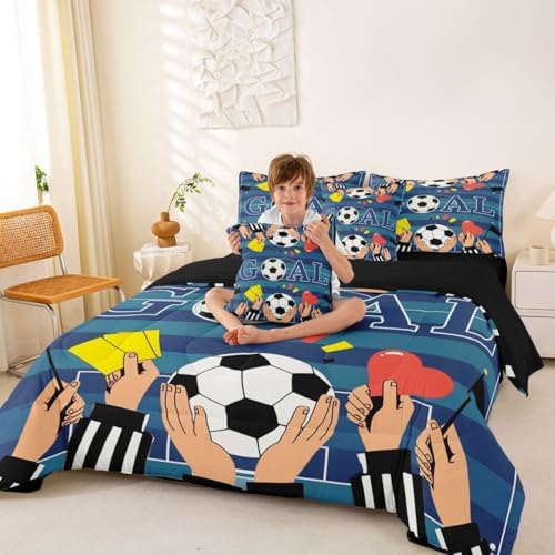 Erosebridal Nacy Blue Boys Kids Football Gaming King 7-Piece Comforter Set | Striped Geometric Sheets and Pillowcases Ball Games Bed in A Bag Playground Soccer Bed Sets
