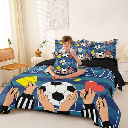 Erosebridal Nacy Blue Boys Kids Football Gaming 7 Piece Bedding Set Twin | Striped Geometric Comforter Set with Sheets Ball Games Bed in A Bag Playground Soccer Bed Sets