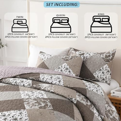 HIARUO Quilt Set King Size 3 Pieces Floral Patchwork Comforter Bedspread Boho Plaid Coverlet Reversible Lightweight Farmhouse Bedding with 2 Pillow Covers Shams for All Season, Brown