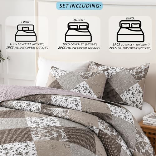 HIARUO Quilt Set Queen Size 3 Pieces Floral Patchwork Comforter Bedspread Boho Plaid Coverlet Reversible Lightweight Farmhouse Bedding with 2 Pillow Covers Shams for All Season, Brown