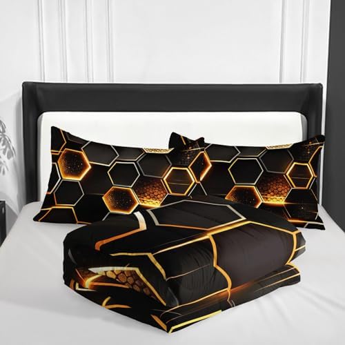 Nttopship Honeycomb Comforter Set Full Size, 100% Soft Ultra-fine Fiber Four Season Geometric Hexagon Golden Comforter Set with 1 Comforter and 2 Pillow Cases