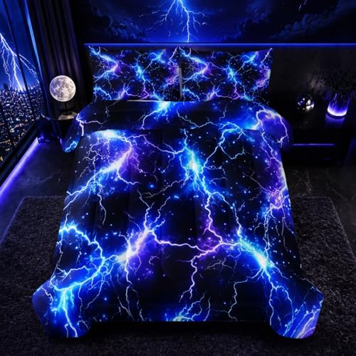 Nttopship Blue Lightning Comforter Set Full Size Bed in A Bag,Lightning Bedding Set for Teen Adult Blue Room Decor Ultra-Soft Lightweight Microfiber with 2 Pillowcases