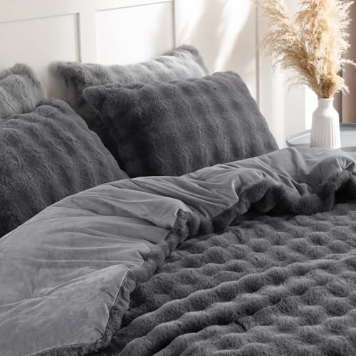 YIKUSH King Faux Fur Comforter Set, Fluffy Dark Gray Rabbit Fur Comforter