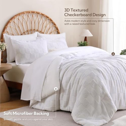 MR&HM 7 Pieces Comforter Set Full, Checkered Boho Tufted Bed Set White