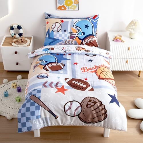 4-Piece Toddler Bedding Set for Boys - Soft & Skin Friendly Toddler Bed Set Includes Toddler Comforter, Flat Sheet, Fitted Sheet and Pillowcase (Sports)