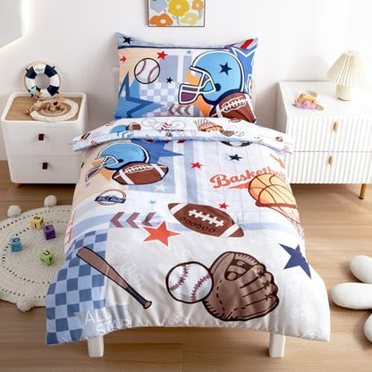 4-Piece Toddler Bedding Set for Boys - Soft & Skin Friendly Toddler Bed Set Includes Toddler Comforter, Flat Sheet, Fitted Sheet and Pillowcase (Sports)