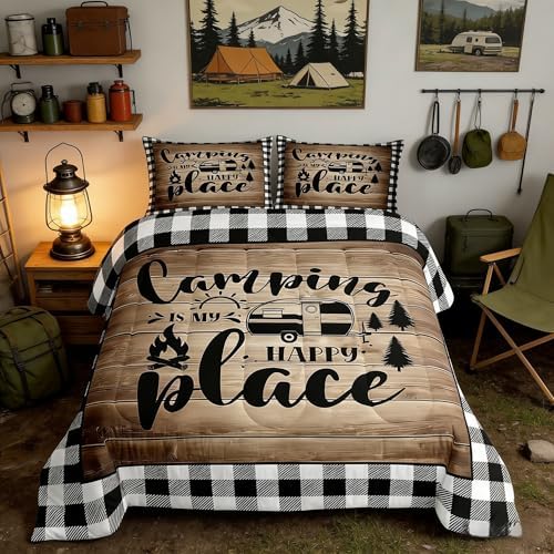 Happy Camping Comforter Set Queen Size,Camper RV Trailer Decor Bedding Set 3pcs for Kids Boys Girls Adults,Rustic Wooden Plank Geometric Grids Down Comforter,Brown Retro Duvet Insert,2 Pillowcases