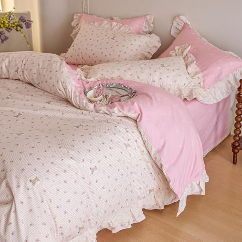 Pink Flower Duvet Cover Set Twin Size, Cute Bear Stripes Bedding Set with Ruffle Lace, 100% Cotton Cottagecore Style Girls Princess Lace Comforter Cover Botanical Floral Duvet Cover with 2 Pillowcases