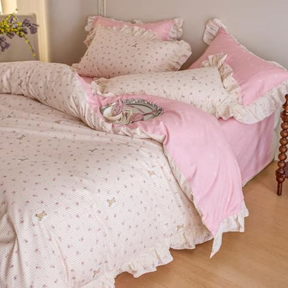Pink Flower Duvet Cover Set Twin XL, Cute Bear Stripes Bedding Set with Ruffle Lace, 100% Cotton Cottagecore Style Girls Princess Lace Comforter Cover Botanical Floral Duvet Cover with 2 Pillowcases