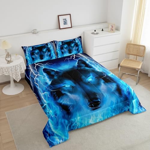 Feelyou Wolf Bedding Set Safari Animal Pattern Comforter Cool Wildlife Style Comforter Set for Boys Girls Kids Room Decor Glitter Blue Wild Wolf Lightweight Duvet Set Queen Size with 2 Pillow Case