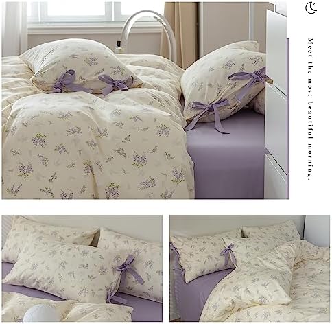 mixinni Lavender Flower Duvet Cover King Cotton Teenage Girls Flower Leaf Print 3pc Soft Cottage Ribbon Bedding Set Comforter Cover with Bowknot Pillowcase Perfect for Girls- (3pcs, King Size)