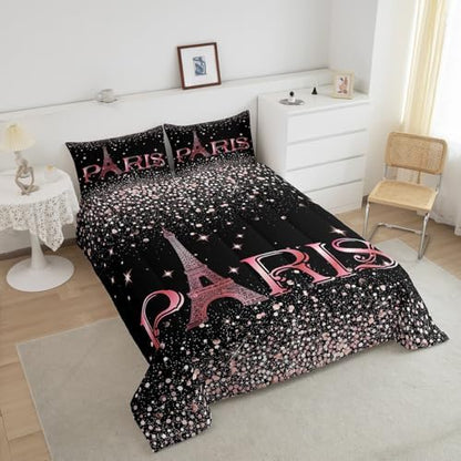 Erosebridal Eiffel Tower Comforter Set Twin Size, Paris France Duvet Sets for Kids Teens Adult Women Bedroom Decor Starry Sky Bling Bedding Set City Building Quilted Duvet with 1 Pillow Case