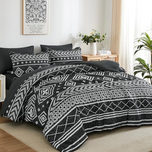 Yiran King Size Comforter Set, 7 Pieces Boho Bed in a Bag, Black Bedding Set for All Seasons, Lightweight Comforter Bed Set with Sheets, Pillowcases & Shams